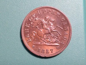 1857 BANK OF UPPER CANADA ONE PENNY TOKEN,Dragon Slayer..#3767. AU.Free Shipping - Picture 1 of 2
