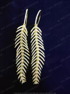 3.45Ct Cubic Zirconia Vintage Feather Drop Dangle Earrings 14K Silver Gold Over - Picture 1 of 6