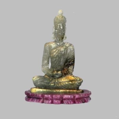 Handmade 55.54ct Gautama Buddha Thai Carving Natural Labradorite Ruby Zoisite - Image 1 of 3