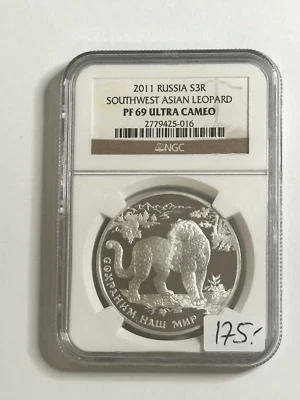 2011 Russia 3 Rubles Southwest Asian Leopard .925 Silver PF 69 Ultra Cameo NGC - Image 1 of 2