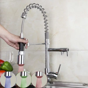 Kitchen 3 Color LED Pull Down Swivel Sink Faucet Mixer Tap 2 Spout Deck Mounted - Picture 1 of 12