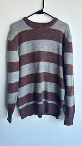 Billabong Sweater Men Grey Brown Red Striped Crew Neck Wool Blend Pullover - Picture 1 of 2