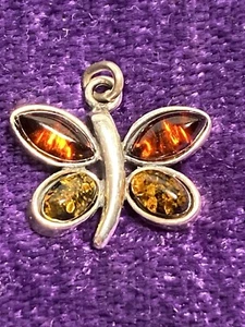 Bernstein Gold & grüner Schmetterling in 925 Sterling Silber Anhänger ohne Kettenschutz - Bild 1 von 6