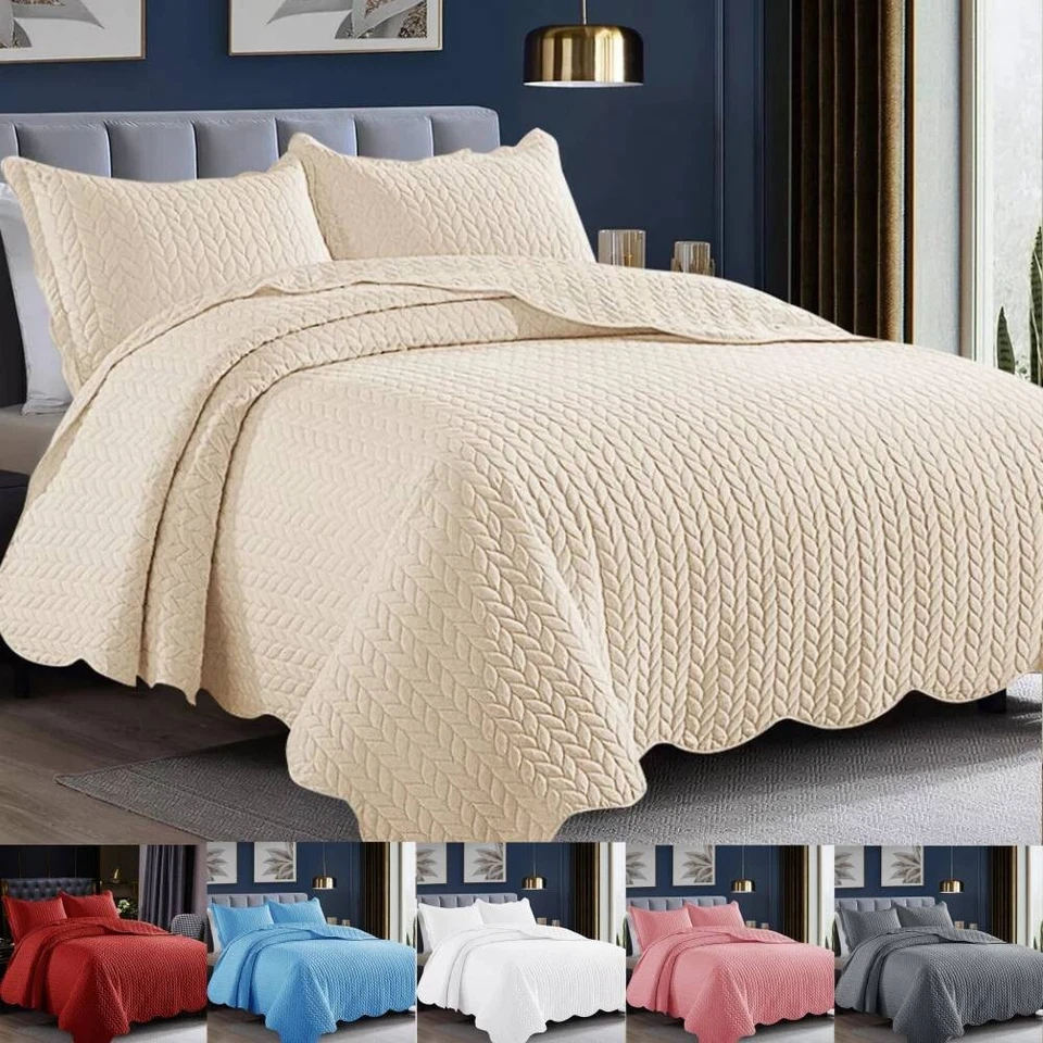 Quilted Bedspread Set 3 Piece Bed Throw With Pillow Shams Single Double King SK - Image 1 of 1