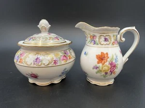 1930's Bavaria Schumann Dresden Flowers Creamer Pitcher Sugar w/Lid Set Floral - Picture 1 of 8