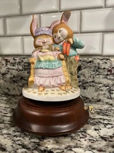 Sankyo Music Box Hand Painted Bisque Porcelain Bunny Family Revolving•Japan 7" - Picture 1 of 6