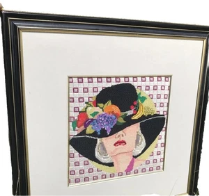 Vintage Needlepoint Art Carmen Miranda Style Framed Lady Fruit Hat MCM UNIQUE - Picture 1 of 13