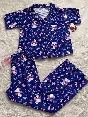 Peanuts Snoopy Bows Bow Tie Pajamas PJ Set Soft Blue Women’s Sz L NEW - Image 1 of 4