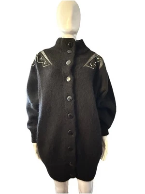 复古 80 年代 90 年代 IB 扩散黑色马海毛开衫毛衣装饰长 S 码 — 第 1/4 张图片