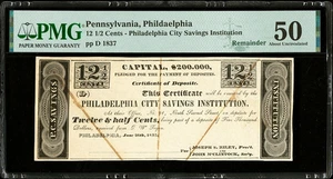 PA 12 1/2¢ PHILADELPHIA City Savings Institution Pennsylvania 1837 PMG AU 50 - Picture 1 of 4