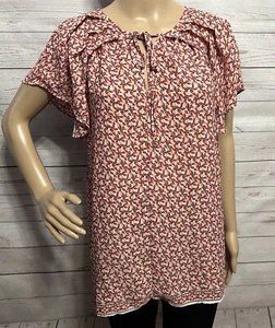 Max Studio Blouse Large Semi-Sheer Pink White Floral Bud Print Ruffle Sleeve Top - Picture 1 of 14