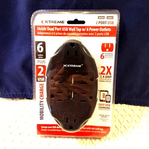 Xtreme Mobile Dual Port USB Wall Tap 6 Power Outlets & 2 USB Ports NEW - Picture 1 of 7