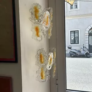 COPPIA APLIQUES 70s VETRO MURANO BIANCO ED AMBRATO ITALIAN DESIGN SCONCES - Foto 1 di 14