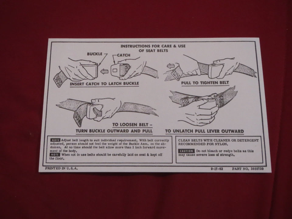 Chevrolet Corvette Chevelle Impala Chevy II Corvair 1964-1967 etiqueta de cinturón de seguridad Foto 1 de 1