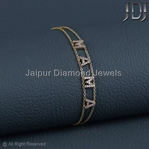 Solid 14k Yellow Gold Bracelet Genuine Pave Diamond Initial Charm Chain Bracelet - Picture 1 of 10