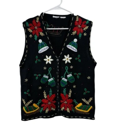 Chaleco Suéter Vintage Años 90 Talla S/M Navidad Flor de Pascua Sombrero Guantes Trineo Invierno Foto 1 de 4