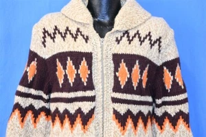 vtg 60s COWICHAN DIAMOND GEOMETRIC POCKETS ZIPPER HEAVY WOOL CARDIGAN SWEATER S - Picture 1 of 4