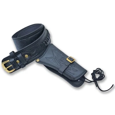 Black Genuine Leather Single Gun Holster Belt with Brass Buckles, Bullet Loops, - Image 1 of 4