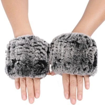 Rex Rabbit Fur Knitted Women's Fingerless Gloves Mittens Real Fur Wrist Warmer - Image 1 of 4