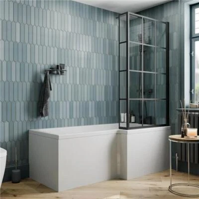 CERAMICA L Shaped Shower Bath 1700x855mm, Black Grid Shower Screen & Bath Panel RH