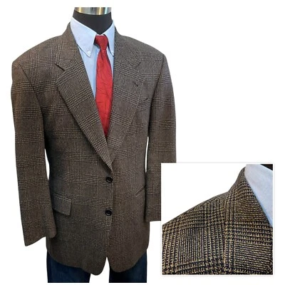 42R Cashmere Wool Suit Jacket Sport Coat Blazer Navy Brown Glen Check Plaid EXC - Image 1 of 4