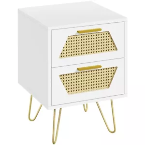 Rattan Bedside Table Sofa Side End Table Nightstand w/ 2 Wicker Drawer, White - Picture 1 of 31