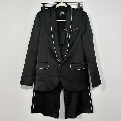 Traje Karl Lagerfeld de satén con ribete en pipeado negro para mujer IT 40 pantalones cortos y blazer Foto 1 de 4