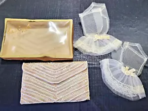 VTG LA REGALE LADIES BEADED SEQUINED BAG CLUTCH & FINGERLESS NET & LACE GLOVES - Picture 1 of 7