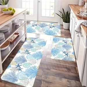 Coastal Coral Print Bathroom Mats SET of 3 -Non-Slip Multi Purpose Rugs - Picture 1 of 11