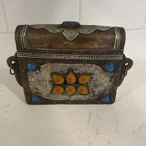 Antique VTG Moroccan Berber Mixed Metals Koran Quran Box Case Holder Stone Inlay - Picture 1 of 11