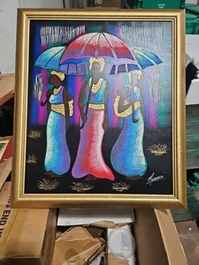 MOBASSI AFRIKANISCHE DAMEN ÖL AUF LEINWAND GEMÄLDE 28×24 - Bild 1 von 16