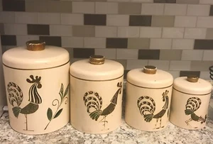 Ransburg Indianapolis Metal Jar Canister Set 4 Rooster Cream Vintage 1950s-1960s - Picture 1 of 22