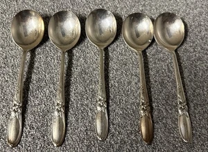 5 Gumbo Round Soup Spoons White Orchid Oneida Silver Silverplate 1953 Floral 7" - Picture 1 of 10