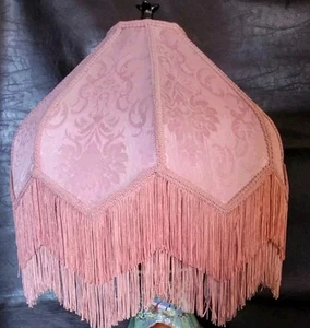 Vintage Lamp Shade Large Victorian Style Rose Dusty Pink Damask Pattern Fringe - Picture 1 of 10