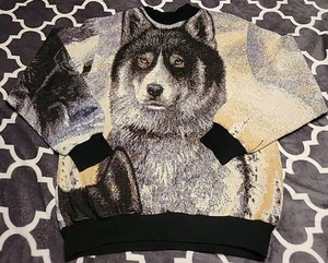 RARE Vintage Sugar Street Weavers Wolf Husky Tapestry Sweater Pullover Adult L - Picture 1 of 8
