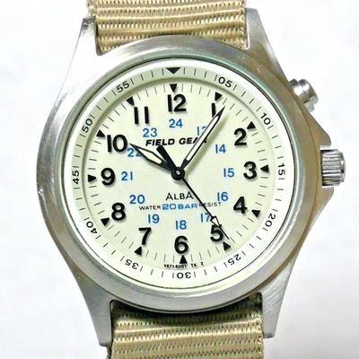 SEIKO ALBA FIELD GEAR Military Watch V671 1994 White Backlight Khaki Strap Japan - Image 1 of 4