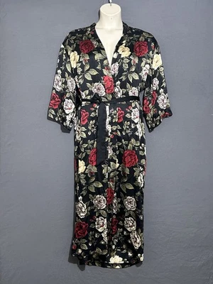 "Bata de seda vintage Cacique P/S negra con estampado floral 50"" larga corbata de cinturón de repuesto" Foto 1 de 4