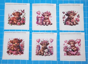 6 Piece 3"x3" Valentine Cows 100% Cotton Quilting Sewing Blocks Squares MP106 - Picture 1 of 4