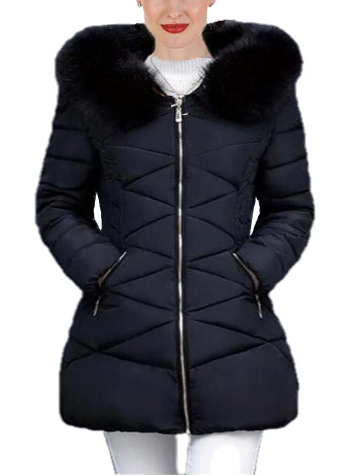 Chaqueta acolchada acolchada con cuello de capucha recortada de piel desmontable - F195 Foto 1 de 4