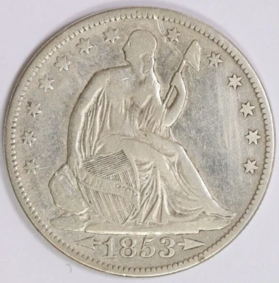 1853-P Arrows Rays 50C Seated Liberty Half Dollar VF Details Circulated US Coin - Image 1 of 2