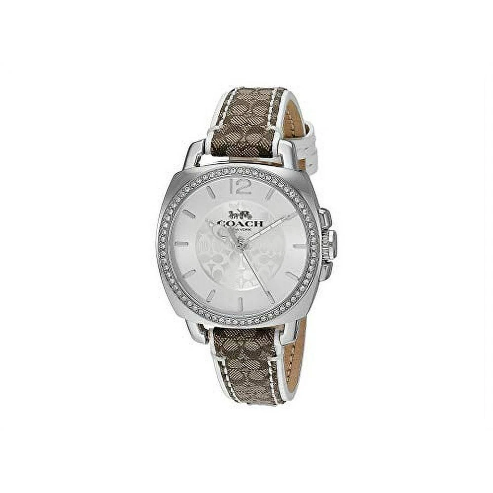 Coach BOYFRIEND Signature Khaki White Leather Women's Silver Watch 14503148 34mm