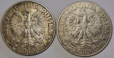 POLONIA / 1932 y 1933 5 Zlotych, ¡Lote de 2 monedas de plata!!! Foto 1 de 2