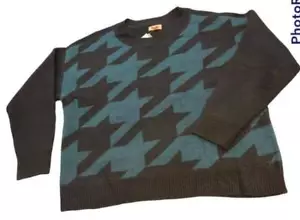 Sweater EVRI Print Drop-Shoulder Crewneck Plus Size 2X Teal Houndstooth woman's - Picture 1 of 7