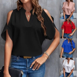 Women V Neck T-Shirt Cold Shoulder Ladies Summer Casual Plain Tops Blouse US - Picture 1 of 22