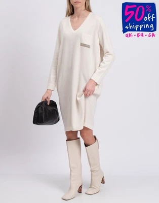 PVP €965 FABIANA FILIPPI Vestido de Cachemira Seda y Lana Merino IT38 US-XXS UK8 Marfil Foto 1 de 4