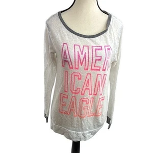 American Eagle T-Shirt Damen Größe M transparente Grafik Langarm rosa Logo - Bild 1 von 6