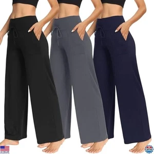 3 Pack Women's Wide Leg Pants with Pockets - Casual Yoga Lounge Sweatpants - Picture 1 of 6