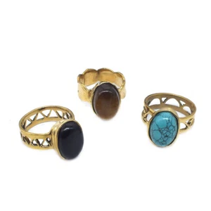 Assorted Stone Brass Ring Lot 3 Pcs Brass Plated Boho Jewelry Gift US 7 R277 - Picture 1 of 5