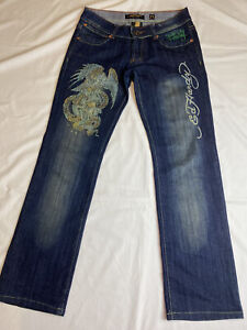 Ed Hardy Womens 27 Straight Blue Denim Jeans Very Good Condition Unique Features