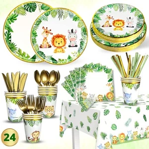 193 Piece Jungle Safari Party Supplies | Disposable Tableware | Serves 24. - Picture 1 of 6